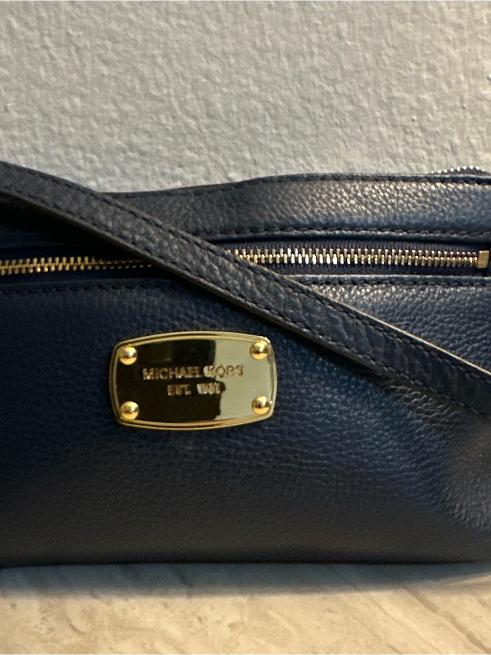 Michael Kors Navy Pebbled Leather Crossbody with Gold Plaque